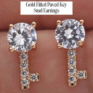 18kt Gold Simulated Diamond Paved Petite Key Stud Earrings